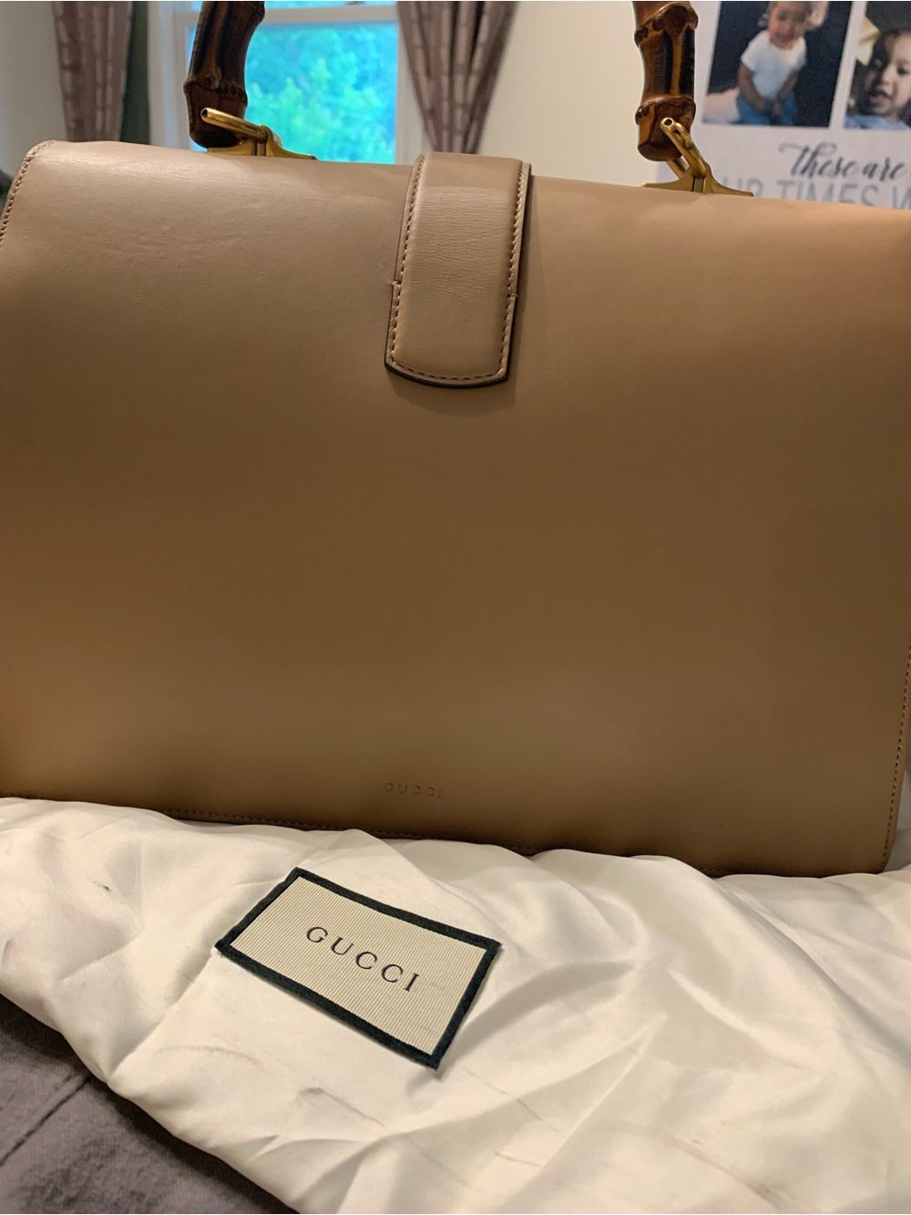 Gucci Beige Leather Satchel with Green and Red Stripes and Bamboo Handle - Picture 4 of 11